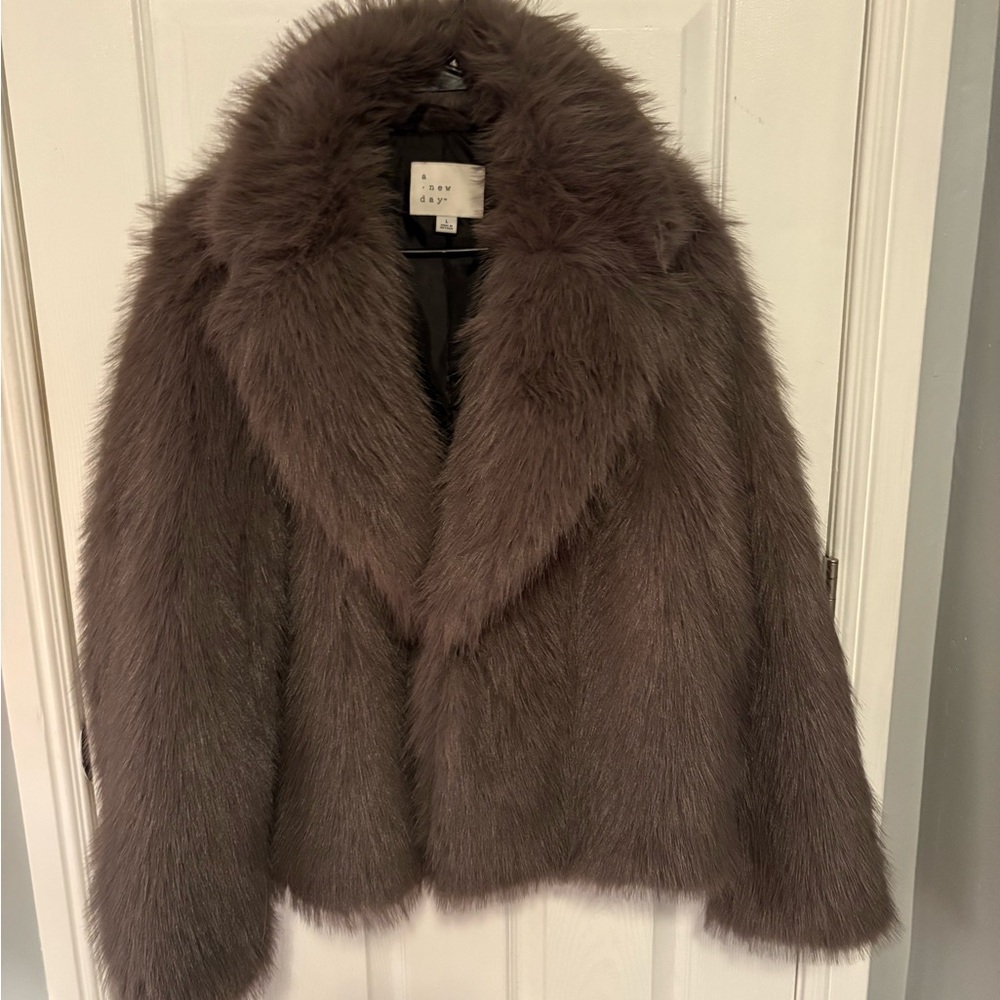 A New Day Grey Faux Fur Coat Size Large